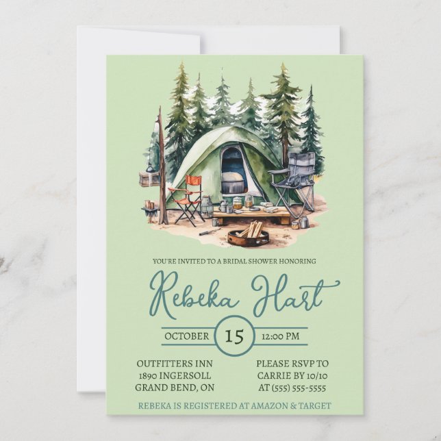 Watercolor Camping, Tent, Outdoors, Bridal Shower  Invitation (Front)