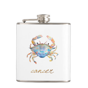 Watercolor Cancer Crab Hip Flask