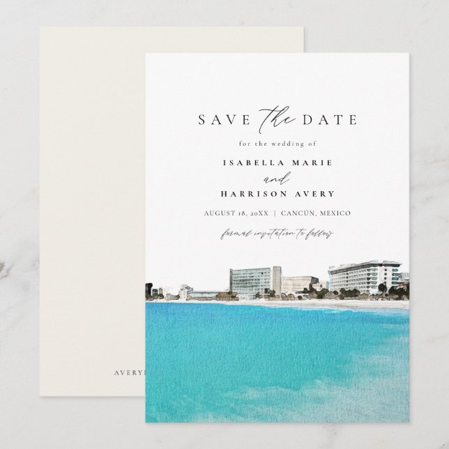 Watercolor Cancun Mexico Skyline Save the Date Invitation (Front/Back)
