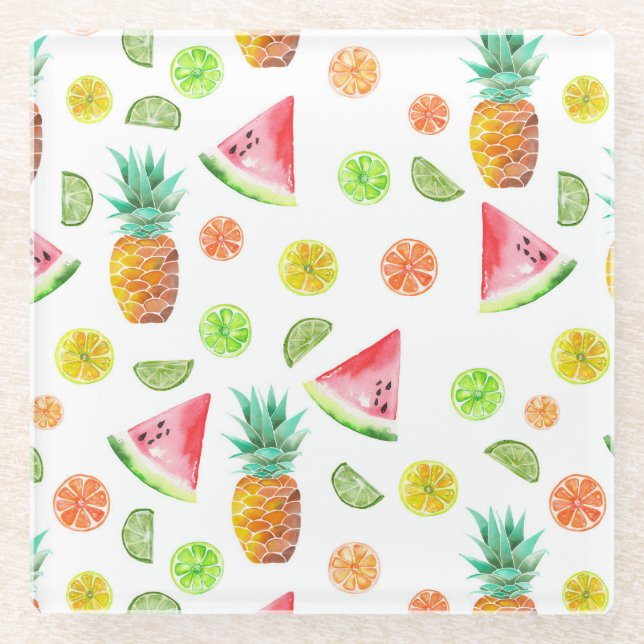 Watercolor Candied Fruit Pattern Glass Coaster (Front)