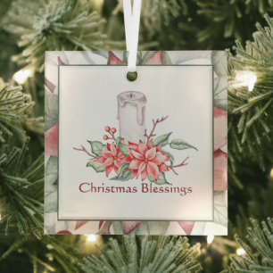 Watercolor candle and poinsettia custom Christmas  Glass Tree Decoration