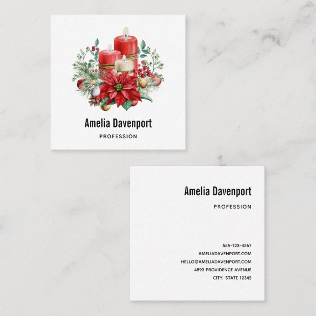 Watercolor Candles and Poinsettia Christmas Square Business Card (Front/Back)