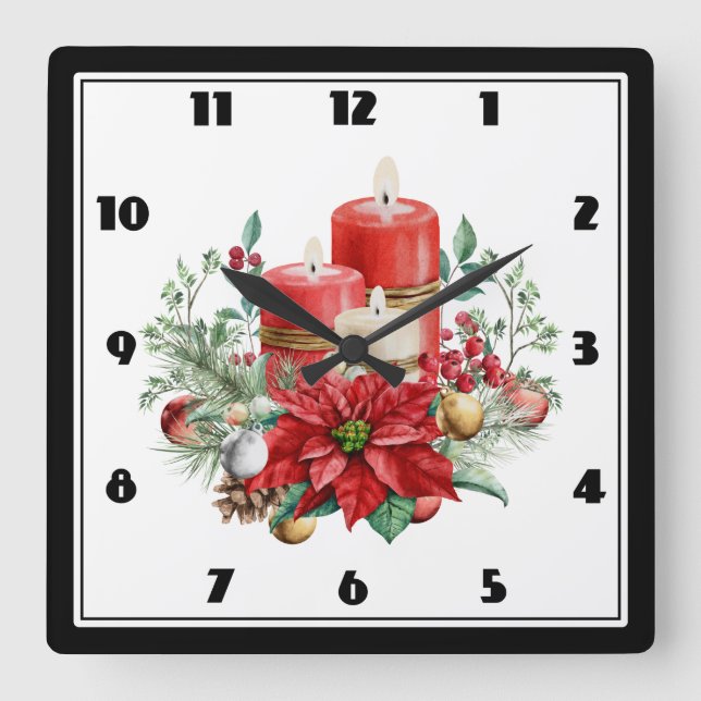Watercolor Candles and Poinsettia Christmas Square Wall Clock (Front)
