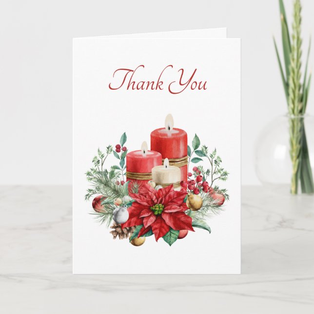 Watercolor Candles and Poinsettia Christmas Thank You Card (Front)