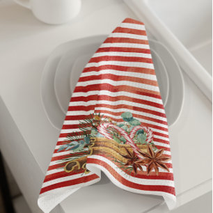 Watercolor Candy Cane Christmas Pine Tea Towel