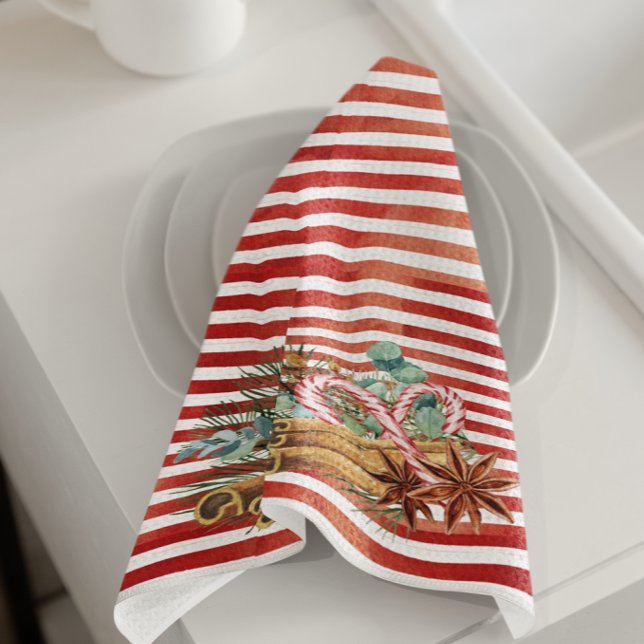 Watercolor Candy Cane Christmas Pine Tea Towel (Creator Uploaded)