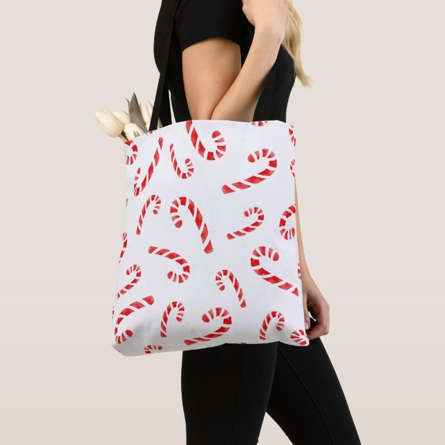 Watercolor Candy Cane Pattern Tote Bag (Close Up)