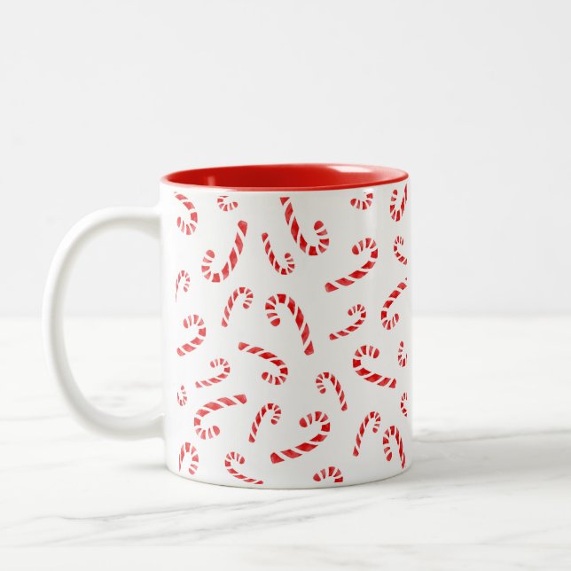 Watercolor Candy Cane Pattern Two-Tone Coffee Mug (Left)