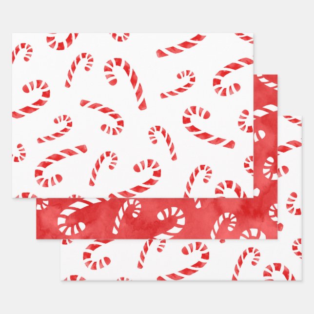 Watercolor Candy Cane Patterns      Wrapping Paper Sheet (Set)