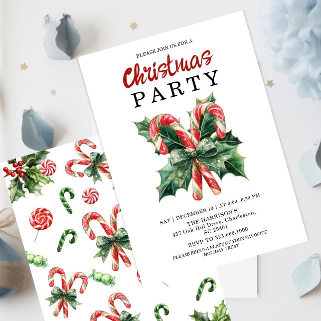 Watercolor Candy Cane & Red Bow Christmas Holiday  Invitation (Creator Uploaded)