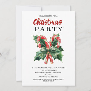 Watercolor Candy Cane & Red Bow Christmas Holiday  Invitation