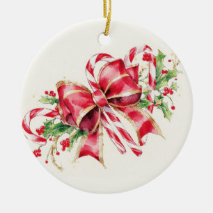 Watercolor Candy Cane Red Bow Holly Ceramic Tree Decoration