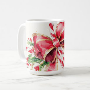 Watercolor Candy Cane Red Bow Holly Coffee Mug