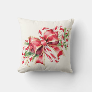 Watercolor Candy Cane Red Bow Holly Cushion