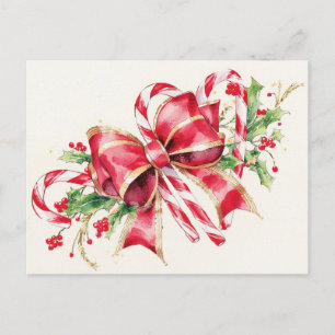 Watercolor Candy Cane Red Bow Holly Holiday Postcard