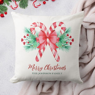 Watercolor Candy Canes and Bow + Name Christmas Cushion