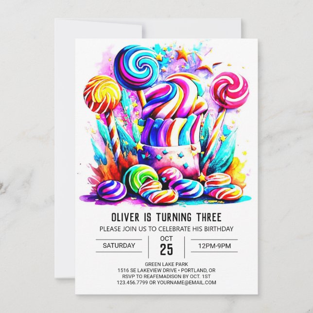 Watercolor Candy Sweet Chocolate Birthday Invitation (Front)