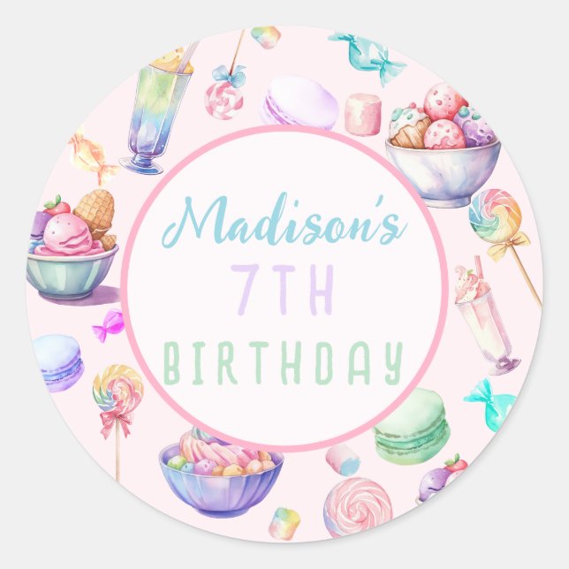 Watercolor Candy Wonderland Pastel Birthday Party Classic Round Sticker (Front)