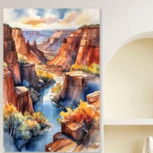 Watercolor Canyon Landscape with River and Cliffs Poster