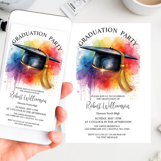 Watercolor cap Graduation Party  Invitation (Creator Uploaded)