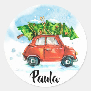 Watercolor Car with Christmas tree Classic Round Sticker