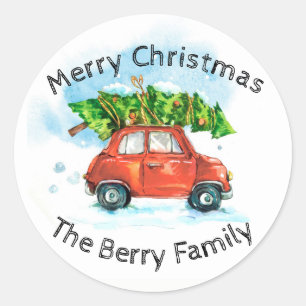 Watercolor Car with Christmas tree Classic Round Sticker