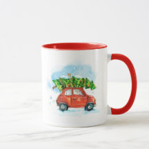 Watercolor car with Christmas tree on top