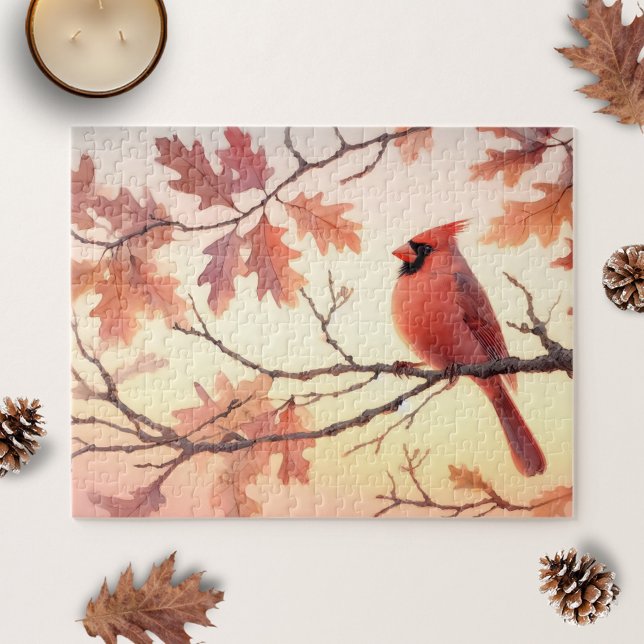 Watercolor Cardinal and Autumn Leaves Jigsaw Puzzle (Creator Uploaded)