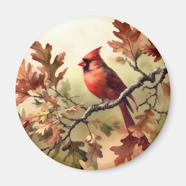 Watercolor Cardinal and Fall Leaves Magnet (Front)