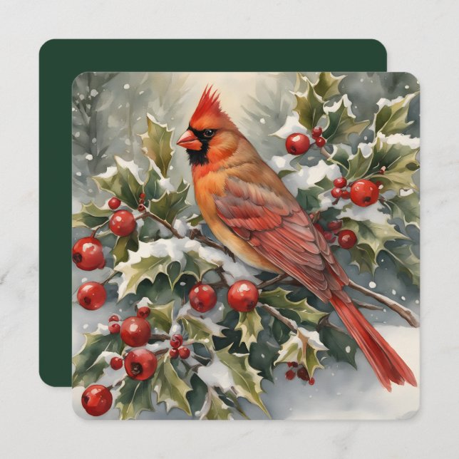 Watercolor Cardinal and Holly Christmas Card (Front/Back)