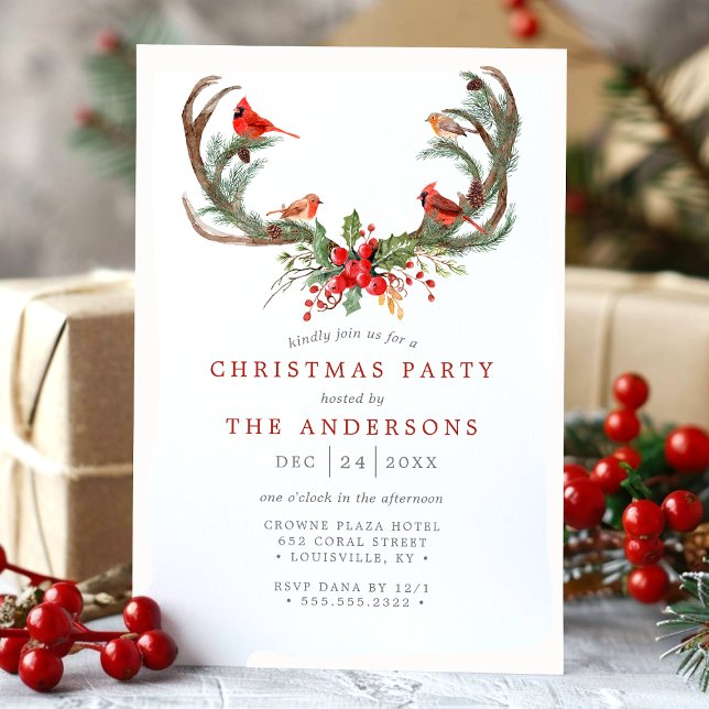 Watercolor Cardinal Bird Antlers Christmas Party Invitation (Creator Uploaded)