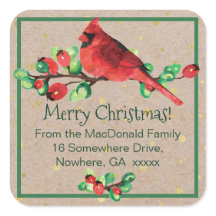 Watercolor Cardinal Bird & Berries Lg. Address