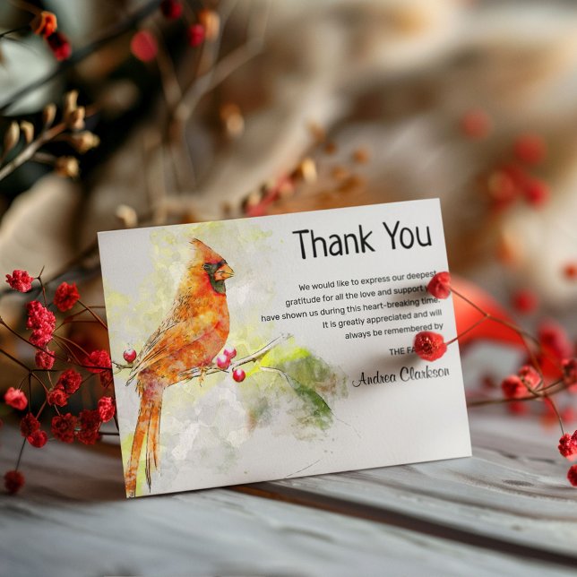 Watercolor Cardinal Bird Funeral Thank You Note (Creator Uploaded)