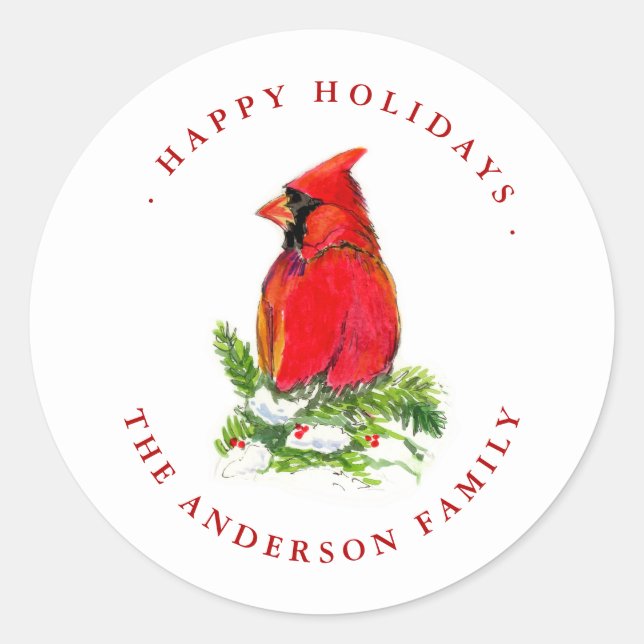 Watercolor Cardinal Bird  Holiday Label / Seal (Front)