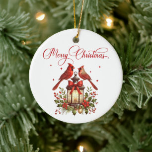 Watercolor Cardinal Birds on Christmas Lantern Ceramic Tree Decoration