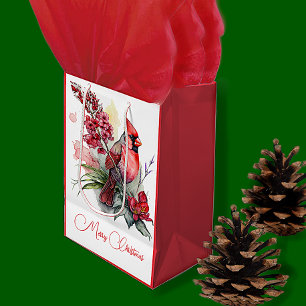Watercolor Cardinal Christmas  Medium Gift Bag