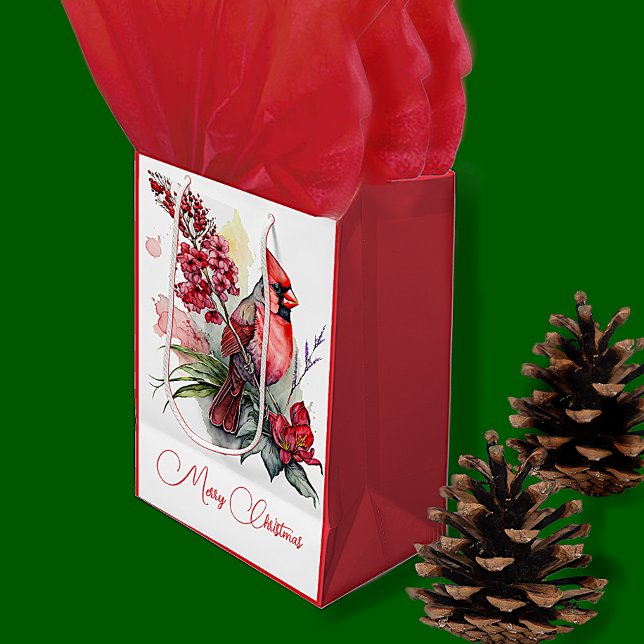 Watercolor Cardinal Christmas  Medium Gift Bag (Creator Uploaded)