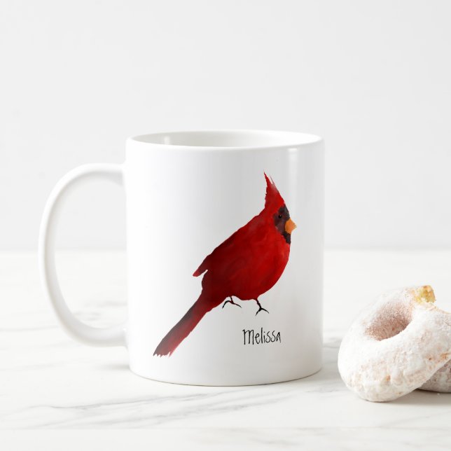 Watercolor cardinal deep dark red saturated custom coffee mug (With Donut)