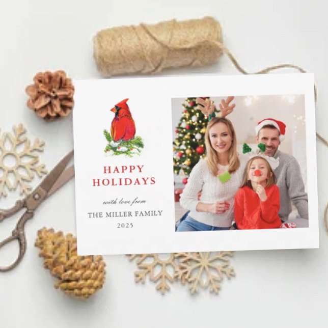 Watercolor Cardinal Family photo holiday greetings Card (Creator Uploaded)