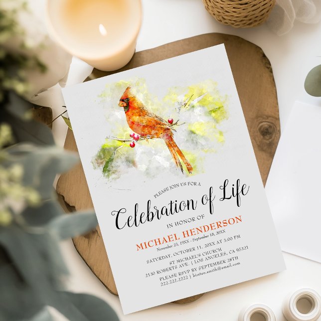 Watercolor Cardinal Funeral Celebration of Life Invitation (Creator Uploaded)