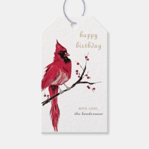 Watercolor Cardinal Happy Birthday Gift Tags