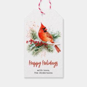 Watercolor Cardinal Holly & Berries Personalized  Gift Tags