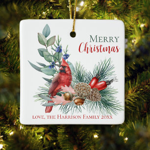 Watercolor Cardinal Merry Christmas Ornament