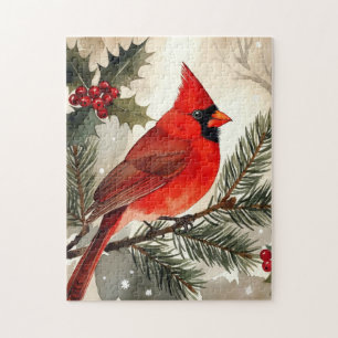 Watercolor Cardinal on Snowy Pine Branch Christmas Jigsaw Puzzle