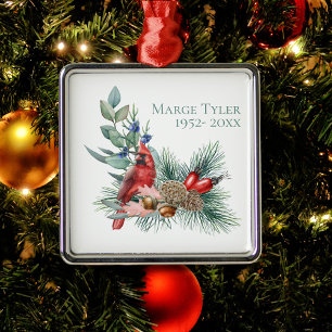 Watercolor Cardinal Pine Branch Remembrance Metal Tree Decoration