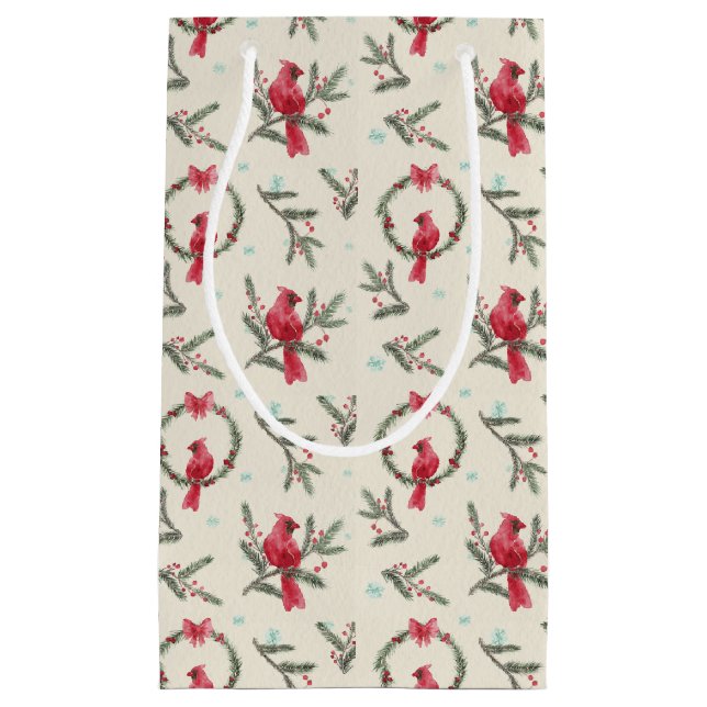 Watercolor Cardinal Pine Christmas Gift Bag (Front)