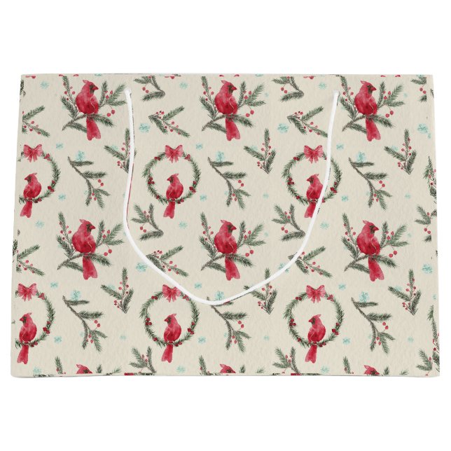 Watercolor Cardinal Pine Christmas Gift Bag (Front)