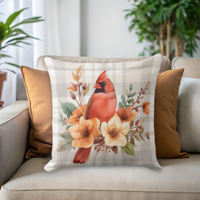 Watercolor Cardinal with Fall Flowers & Plaid Cushion (Cardinal floral and plaid throw pillow)