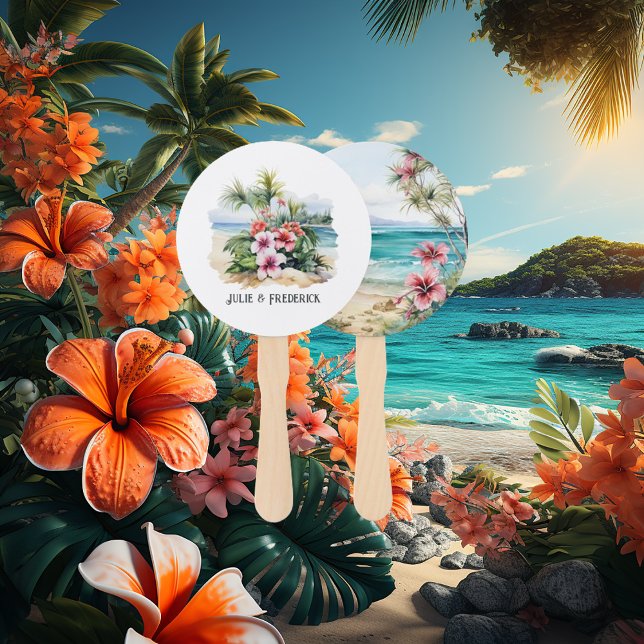 Watercolor Caribbean Destination Wedding Hand Fan (Caribbean Wedding)