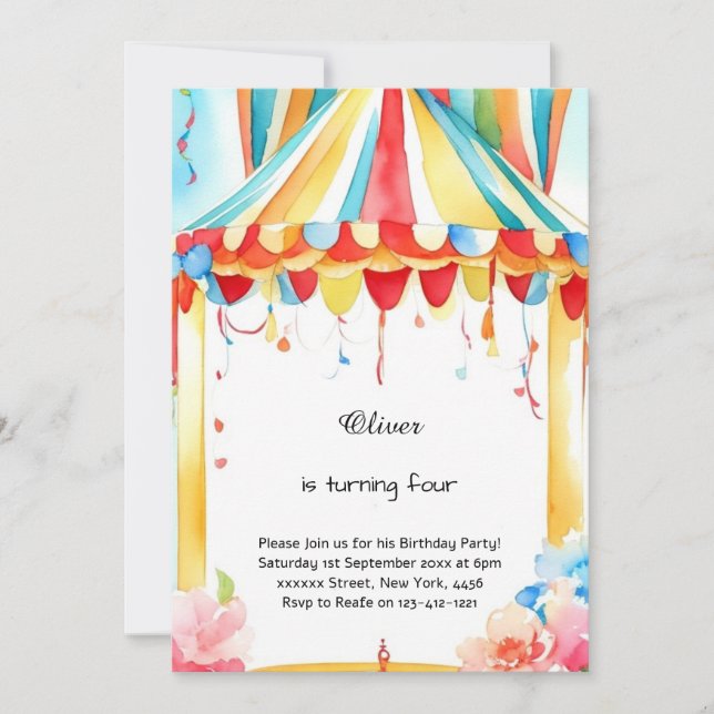 Watercolor Carnival Circus Birthday Invitation (Front)